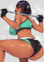 Rule 34 | 1girl, absurdres, ass, back, barbell, black buruma, black gloves, black hair, bob cut, breasts, buruma, commentary request, commission, dark-skinned female, dark skin, exercising, fingerless gloves, from behind, girls und panzer, gloves, green buruma, green eyes, green sports bra, grey background, half-closed eyes, highres, hoshino (girls und panzer), huge breasts, kshimu, looking at viewer, looking back, partial commentary, pixiv commission, short hair, solo, sports bra, squatting, steam, sweat, two-tone buruma, weightlifting
