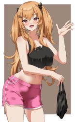 Rule 34 | 1girl, absurdres, alternate costume, bag, black bow, black tank top, blush, bow, breasts, brown background, cowboy shot, dolphin shorts, fang, girls&#039; frontline, hair bow, hand up, highres, holding, holding bag, hoppo, inset border, long hair, looking at viewer, midriff, navel, open mouth, orange hair, pink shorts, red eyes, scar, scar across eye, shorts, sidelocks, simple background, skin fang, smile, solo, tank top, twintails, two-tone background, ump9 (girls&#039; frontline), white background, yellow pupils