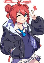 Rule 34 | 1girl, ahoge, arm up, blue archive, blue eyes, blue necktie, blue sweater vest, collarbone, cowboy shot, double bun, goyu moon, grin, hair bun, halo, hand in pocket, highres, hood, hood down, hooded jacket, jacket, long sleeves, looking at viewer, maki (blue archive), necktie, one eye closed, paint on clothes, pleated skirt, puffy sleeves, red hair, shirt, short hair, sidelocks, simple background, skirt, smile, solo, star (symbol), sweater vest, v, white background, white shirt
