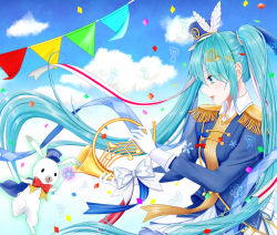 Rule 34 | 1girl, absurdly long hair, aqua eyes, aqua hair, artist name, artist request, blue eyes, blue hair, blue hat, blue ribbon, blue sky, cloud, dress, feathers, female focus, floating hair, gloves, gradient hair, hair between eyes, hair ornament, hair ribbon, hat, hatsune miku, holding, holding instrument, horn ornament, horns, instrument, long hair, long sleeves, mini hat, miniskirt, multicolored hair, outdoors, pantyhose, parted lips, pleated skirt, rabbit yukine, ribbon, short dress, silver hair, skirt, skirt under dress, sky, smile, solo, twintails, very long hair, vocaloid, white feathers, white gloves, white skirt, x hair ornament, yuki miku, yuki miku (2020)