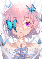 Rule 34 | 1girl, absurdres, bare shoulders, blue butterfly, blue ribbon, bound, bound wrists, bug, butterfly, crying, crying with eyes open, fate/grand order, fate (series), hair between eyes, halterneck, hands up, highres, insect, looking at viewer, mash kyrielight, moriyama meiko, one eye covered, own hands clasped, own hands together, parted lips, pink hair, purple eyes, ribbon, short hair, solo, tears, upper body