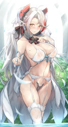 Rule 34 | 1girl, absurdres, ahoge, azur lane, bare shoulders, blush, bra, breasts, bridal gauntlets, bridal veil, bride, bush, cleavage, clothes lift, collarbone, commentary request, covered erect nipples, cowboy shot, cross, day, dress, garter belt, grey panties, hair ornament, headgear, highleg, highleg panties, highres, iron cross, large breasts, long hair, looking at viewer, mole, mole on breast, multicolored hair, navel, panties, parted lips, partially submerged, prinz eugen (azur lane), short dress, showgirl skirt, sidelocks, silver hair, sitting, skirt, skirt lift, smile, solo, standing, streaked hair, thighhighs, thighs, two side up, underwear, veil, very long hair, wading, water, wedding dress, white bra, white skirt, white thighhighs, yellow eyes, yusha m