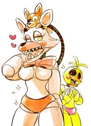 Rule 34 | 2girls, android, chica, five nights at freddy&#039;s, lipstick, looking at viewer, makeup, mangle, multiple girls, nitorou, robot, simple background, toy chica, yellow eyes