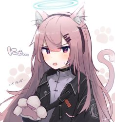 Rule 34 | 1girl, ambriel (arknights), animal ears, animal hands, arknights, black collar, black hairband, black jacket, blouse, blush, cat ears, cat girl, cat tail, collar, gloves, grey shirt, hair ornament, hairband, hairclip, halo, hand up, highres, infection monitor (arknights), jacket, kemonomimi mode, kolaytoh, long hair, looking at viewer, open clothes, open jacket, open mouth, paw gloves, paw print, paw print background, pink eyes, pink hair, shirt, solo, sweatdrop, tail, upper body, very long hair, white background