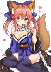 Rule 34 | 10s, 1girl, animal ears, bad id, bad twitter id, bare shoulders, black footwear, black thighhighs, blush, bow, breasts, brown eyes, cleavage, collar, detached sleeves, fate/extra, fate (series), fox ears, fox tail, hair bow, heart, long hair, looking at viewer, medium breasts, obi, ofuda, pink hair, sandals, sash, shiromikan, sidelocks, simple background, sitting, smile, solo, tail, tamamo (fate), tamamo no mae (fate/extra), thighhighs, twintails, white background