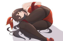 Rule 34 | 1girl, absurdres, alternate costume, amber (genshin impact), arms behind back, ass, bare shoulders, black pantyhose, bound, breasts, brown hair, closed mouth, genshin impact, hair between eyes, hair ribbon, highres, legs together, leotard, long hair, lying, medium breasts, on side, pantyhose, playboy bunny, red footwear, red ribbon, ribbon, sidelocks, simple background, solo, thighband pantyhose, white background, yellow eyes, ziro (zirorong)