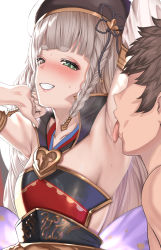 Rule 34 | 1boy, 1girl, aldehyde, arm up, armpit focus, licking armpit, armpits, bare shoulders, beret, black headwear, blunt bangs, blush, braid, breasts, brown hair, commentary request, detached sleeves, erune, eyeliner, gran (granblue fantasy), granblue fantasy, green eyes, grey hair, grin, hand up, hat, hetero, heterochromia, highres, licking, long hair, looking at viewer, makeup, multiple braids, open mouth, pholia, quad braids, short eyebrows, side braids, small breasts, smile, solo focus, thick eyebrows, tongue, tongue out, upper body