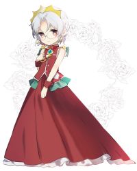 Rule 34 | 1girl, brown eyes, commentary request, crown, dress, floral background, glasses, gown, grey hair, hirato (kancolle), kantai collection, looking at viewer, red dress, short hair, sleeveless, sleeveless dress, solo, wavy hair, white background, yamashichi (mtseven)