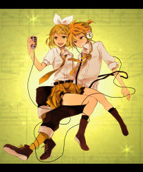 Rule 34 | 1boy, 1girl, bad id, bad pixiv id, belt, blonde hair, blouse, boots, brother and sister, casual, collared shirt, full body, grin, hair ornament, hair ribbon, hairclip, headphones, highres, kagamine len, kagamine rin, letterboxed, microphone, necktie, ono (0 no), open mouth, ribbon, shirt, short hair, siblings, sitting, sitting on lap, sitting on person, skirt, smile, suspenders, twins, vocaloid, white shirt, yellow eyes, yellow necktie