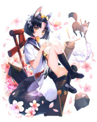 Rule 34 | 1girl, absurdres, aburaage, animal, animal ear fluff, animal ears, animal ears (norankkori), bell, black footwear, black hair, black socks, bow, box, commentary, donation box, flower, food, food in mouth, fox, fox ears, fox tail, full body, gohei, hair bow, highres, jingle bell, kneehighs, looking at viewer, mouth hold, omikuji, original, sailor collar, shoes, short hair, short sleeves, simple background, sitting, socks, solo, steepled fingers, tail, torii, white background, yellow bow, yellow eyes