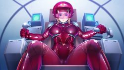 Rule 34 | 1girl, blonde hair, blue eyes, blush, bodysuit, breasts, breasts apart, cameltoe, embarrassed, female focus, from below, game cg, groin, helmet, huracan, indoors, kyonyuu onna shikan sennou saimin, legs, lisa lindy, long hair, looking at viewer, lune (company), medium breasts, original, parted lips, pilot suit, piloting, red bodysuit, shiny clothes, sitting, solo, spread legs, thighs, twintails