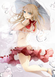 Rule 34 | 1girl, :o, blonde hair, blush, bow, bra, brown eyes, bubble, dress, eyes visible through hair, from side, gradient background, high heels, holding, holding umbrella, open mouth, orange bra, orange panties, original, panties, puracotte, red bow, see-through, shoes, solo, umbrella, underwear, water drop