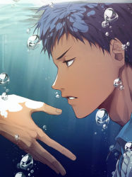 Rule 34 | 1boy, air bubble, aomine daiki, blue eyes, blue hair, blue shirt, bubble, chinese commentary, collared shirt, dark-skinned male, dark skin, kuroko no basuke, looking to the side, male focus, parted lips, portrait, profile, shirt, short hair, submerged, underwater, water, xuan zhi yue ying