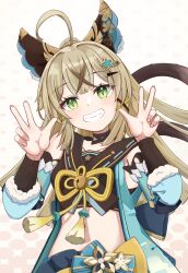 Rule 34 | 1girl, absurdres, ahoge, animal ears, bare shoulders, black choker, black shirt, cat ears, cat tail, choker, commentary request, crop top, detached sleeves, double w, elumina1213, genshin impact, green eyes, grey hair, grin, hair ornament, hairclip, hands up, highres, kirara (genshin impact), long hair, long sleeves, looking at viewer, midriff, revision, shirt, smile, solo, stomach, tail, upper body, w
