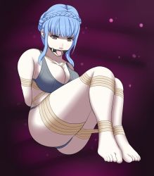 Rule 34 | 1girl, ass, bdsm, blue bra, blue hair, blue panties, blush, bondage, bound, bra, breasts, brown eyes, brown rope, cleavage, collarbone, dankestofdans, eyeliner, feet, female focus, fire emblem, fire emblem: three houses, gag, gagged, hair bun, highres, intelligent systems, large breasts, lips, makeup, marianne von edmund, nintendo, panties, pink lips, purple background, ring gag, rope, shiny clothes, shiny skin, short hair, sideboob, solo, teeth, thick thighs, thighs, thong, tongue, tongue out, underwear, upper teeth only