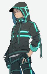 Rule 34 | 1boy, aqua gloves, arafune tetsuji, asymmetrical gloves, baseball cap, black gloves, black jacket, black pants, brown hair, closed mouth, frown, gloves, glowing, hand on own hip, harness, hat, hat under hood, highres, hood, hood up, hooded jacket, jacket, looking at viewer, male focus, pants, partially fingerless gloves, purple eyes, shishou (xxsisyou), short hair, simple background, sleeves past wrists, sleeves rolled up, solo, white background, world trigger