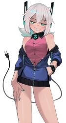 Rule 34 | 1girl, blue jacket, blue nails, blush, borrowed character, breasts, cable, cable tail, collared shirt, commentary, digitan (porforever), drawstring, dress shirt, electric plug, green eyes, grey hair, grin, hair between eyes, half-closed eyes, hand in pocket, headgear, highres, hood, hood down, hooded jacket, jacket, jourd4n, long sleeves, mechanical tail, nail polish, off shoulder, open clothes, open jacket, original, pink shirt, power symbol, shirt, simple background, small breasts, smile, solo, standing, star-shaped pupils, star (symbol), symbol-shaped pupils, tail, watch, white background, wristwatch