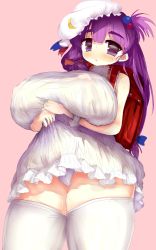 Rule 34 | 1girl, amii, backpack, bad id, bad pixiv id, bag, blue ribbon, blush, breasts, clothes lift, covered erect nipples, crescent, crescent hair ornament, dress, dress lift, hair ornament, hat, large breasts, long hair, mob cap, panties, patchouli knowledge, plump, purple eyes, purple hair, randoseru, red ribbon, ribbon, solo, thick eyebrows, thick thighs, thighhighs, thighs, touhou, underwear, wide hips