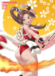 Rule 34 | 1girl, arm up, artist name, ass, bare shoulders, blush, breasts, brown eyes, brown hair, commentary request, fatal fury, female focus, fire, flower, folding fan, from behind, hand fan, high ponytail, highleg, highres, holding, holding fan, japanese clothes, kkzk61539201, lips, long hair, looking back, matching hair/eyes, medium breasts, ninja, open mouth, parted bangs, revealing clothes, rope, shiny skin, shiranui mai, signature, sleeveless, smile, solo, teeth, the king of fighters, the king of fighters xv, thighs, thong, twitter username, upper teeth only