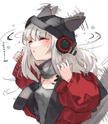 Rule 34 | 1girl, absurdres, animal ears, arknights, black hat, breasts, closed eyes, commentary request, ear wiggle, fox ears, frostleaf (arknights), grey shirt, hat, headphones, highres, horn/wood, implied extra ears, jacket, long hair, material growth, nail polish, oripathy lesion (arknights), red jacket, red nails, shirt, silver hair, small breasts, solo, translation request, upper body, wet, white background