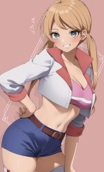 Rule 34 | 1girl, belt, belt buckle, breasts, brown belt, buckle, campbell xx, cleavage, collarbone, commentary, contrapposto, cowboy shot, crop top, cropped jacket, denim, denim shorts, earrings, green eyes, gundam, gundam tekketsu no orphans, hand on own hip, hand on own thigh, heart, heart earrings, highres, jewelry, lafter frankland, large breasts, light blush, light brown hair, linea alba, looking at viewer, low twintails, navel, pink background, pink tube top, popped collar, shadow, short shorts, shorts, sleeves rolled up, smile, solo, strapless, tube top, twintails