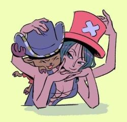 Rule 34 | 1boy, 1girl, bare arms, bare shoulders, breasts, cleavage, cowboy hat, elbow rest, extra arms, green background, hana hana no mi, happy, hat, head rest, headwear switch, height difference, looking at another, medium breasts, medium hair, nico robin, nico robin (alabasta), no bra, nose, one piece, simple background, smile, tony tony chopper, tsurime