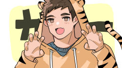Rule 34 | 1boy, 9 panda 9, :d, animal costume, animal print, blush, brown hair, chinese zodiac, claw pose, fang, highres, looking to the side, male focus, open mouth, original, short hair, sideburns, smile, solo, thick eyebrows, tiger costume, tiger print, upper body, year of the tiger