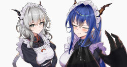 Rule 34 | 2girls, apron, arknights, blue hair, blush, bow, bowtie, breasts, ch&#039;en (arknights), closed mouth, dragon horns, earrings, grey eyes, highres, horns, jewelry, large breasts, long hair, looking at viewer, maid, maid apron, maid headdress, medium breasts, multiple girls, siblings, silver hair, simple background, smile, srpzk, talulah (arknights), white background
