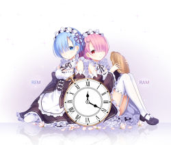 Rule 34 | 10s, 2girls, :o, analog clock, apron, bad id, bad pixiv id, blue eyes, blue hair, bow, breasts, character name, cleavage, clock, detached sleeves, dress, flower, frilled dress, frilled sleeves, frills, garter straps, hair ornament, hair over one eye, holding, holding tray, knees up, looking at viewer, maid, maid apron, maid headdress, mary janes, medium breasts, multiple girls, open mouth, petals, pink hair, ram (re:zero), re:zero kara hajimeru isekai seikatsu, red eyes, reflection, rem (re:zero), ribbon-trimmed clothes, ribbon-trimmed collar, ribbon-trimmed legwear, ribbon-trimmed sleeves, ribbon trim, roman numeral, shoes, short hair, siblings, side-by-side, sisters, sitting, small breasts, smile, sparkle, sumikko no aria, thighhighs, tray, twins, underbust, x hair ornament, yokozuwari