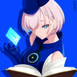 Rule 34 | 1girl, absurdres, aqua eyes, artist name, blue background, blue dress, blue gloves, blue headwear, book, braid, breasts, bright pupils, card, cosplay, dress, earrings, elbow gloves, elizabeth (persona), elizabeth (persona) (cosplay), girarikyo, gloves, grey hair, hair over one eye, highres, hololive, hololive indonesia, jewelry, open book, parted lips, pavolia reine, persona, persona 3, shadow, sleeveless, sleeveless dress, solo, virtual youtuber, white pupils