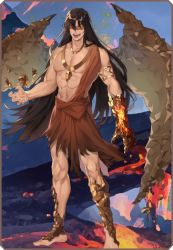 Rule 34 | 1boy, :d, abs, arm at side, armlet, artist request, bare shoulders, barefoot, black hair, blindfold, border, brown robe, brown wings, covered eyes, elona, elona mobile, facing viewer, floating, geokinesis, jewelry, laughing, levitation, long hair, lowres, male focus, lava, mountain, navel, necklace, official art, opatos of earth, open mouth, pectorals, robe, rock, smile, solo, standing, transparent background, very long hair, wings