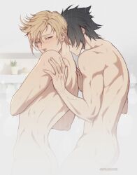 2boys black_hair blonde_hair blue_eyes blush final_fantasy final_fantasy_xv hair_between_eyes hands_on_another&#039;s_back highres kiss kissing_neck male_focus multiple_boys noctis_lucis_caelum nude plant potted_plant prompto_argentum short_hair steam twitter_username wet wilbujoe yaoi