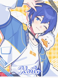 Rule 34 | 1boy, ahiru no pekkle, arm up, beak, black choker, blue eyes, blue hair, blue jacket, blue nails, character name, checkered background, choker, grid background, highres, jacket, kaito (vocaloid), light smile, long sleeves, looking at viewer, on shoulder, one eye closed, project sekai, sanrio, shirt, short hair, t-shirt, upper body, vocaloid, waka (wk4444), white shirt, yellow background