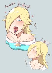 Rule 34 | 1boy, 1girl, absurdres, blonde hair, blue eyes, character name, clip (368806sd), crown, giant, giantess, grey background, hair over one eye, highres, mario, mario (series), nintendo, open mouth, rosalina, simple background, strapless, swallowing, tongue, tongue out, vore