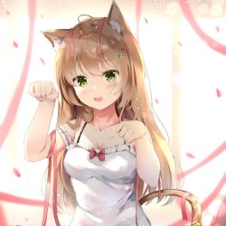 Rule 34 | 1girl, ahoge, aizawa (aizawatsu), animal ear fluff, animal ears, blush, bow, bow camisole, breasts, brown hair, camisole, cat ears, cleavage, collarbone, girls&#039; frontline, green eyes, hair bow, kemonomimi mode, long hair, medium breasts, open mouth, paw pose, rfb (girls&#039; frontline), solo, spaghetti strap, white camisole