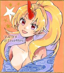 Rule 34 | 1girl, 2zuz4hru, blonde hair, blue kimono, breasts, cleavage, head tilt, horns, hoshiguma yuugi, hoshiguma yuugi (kimono), japanese clothes, kimono, long sleeves, looking at viewer, off shoulder, open mouth, parted bangs, pointy ears, ponytail, red eyes, red horns, single horn, solo, star (symbol), touhou, upper body