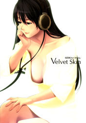 Rule 34 | 1girl, bikini tan, black eyes, black hair, breasts, brown eyes, cleavage, crossed legs, downblouse, head rest, headphones, ino (magloid), leaning, leaning forward, lips, long hair, making-of available, no bra, non-web source, original, simple background, sitting, smile, solo, tan, tanline, text focus, unbuttoned, velvet skin
