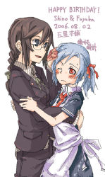 Rule 34 | 2girls, :d, ;(, apron, black dress, blue eyes, blue hair, blush, bow, braid, brown hair, collared shirt, dress, formal, glasses, hair bow, itsutsu, long sleeves, maid, maid apron, multiple girls, necktie, open mouth, original, red eyes, red necktie, shirt, short hair, short sleeves, simple background, single braid, smile, suit, sweatdrop, white background, wince