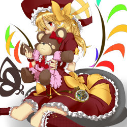 Rule 34 | 1girl, absurdres, adapted costume, alternate headwear, ascot, blonde hair, bow, brooch, covering own mouth, cushion, facing away, flandre scarlet, frilled skirt, frilled socks, frills, highres, jewelry, kneehighs, laevatein, pocket watch, red eyes, roman numeral, short hair, short sleeves, side ponytail, simple background, sitting, sitting on object, skirt, socks, solo, stuffed animal, stuffed toy, tears, teddy bear, touhou, ucchi (mokotan0116), watch, white background, wings, yokozuwari