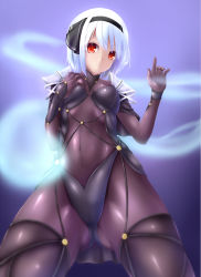 Rule 34 | 1girl, absurdres, black thighhighs, bodysuit, breast hold, breasts, cape, cosplay, covered navel, evandragon, fate/grand order, fate (series), hair ribbon, highres, konpaku youmu, looking at viewer, purple bodysuit, red eyes, ribbon, scathach (fate), scathach (fate) (cosplay), short hair, shoulder pads, silver hair, simple background, solo, thighhighs, touhou