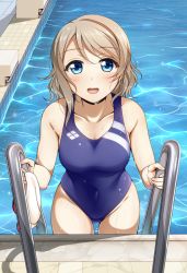 Rule 34 | 10s, 1girl, :d, bad id, bad pixiv id, blue eyes, blue one-piece swimsuit, blush, breasts, brown hair, collarbone, competition swimsuit, covered navel, eyebrows, looking at viewer, love live!, love live! sunshine!!, medium breasts, one-piece swimsuit, open mouth, pool, pool ladder, poolside, smile, solo, suzume miku, swimsuit, teeth, wading, watanabe you, water, wet