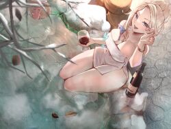 Rule 34 | alcohol, black gloves, blonde hair, blush, bottle, breasts, cleavage, covered navel, cup, from above, gloves, goddess of victory: nikke, hair ornament, highres, holding, holding cup, large breasts, long hair, looking at viewer, ludmilla (nikke), ludmilla (winter owner) (nikke), momdy (talesshinja), onsen, parted lips, partially submerged, red eyes, steam, sweat, towel, tree, wine