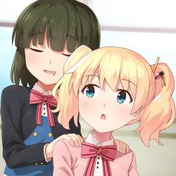 Rule 34 | 10s, 2girls, alice cartelet, bad id, bad pixiv id, black hair, blue eyes, blush, chestnut mouth, closed eyes, commentary request, dacchi, drooling, facing viewer, hair ornament, hands on another&#039;s shoulders, hands on shoulders, highres, hime cut, kin-iro mosaic, long sleeves, multiple girls, oomiya shinobu, open mouth, school uniform, short hair, twintails, two side up, upper body, window, yuri