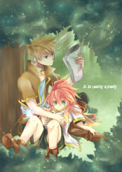 Rule 34 | 00s, 2boys, blonde hair, boots, choker, english text, engrish text, full body, grass, green eyes, guy cecil, lm2-3, long hair, luke fon fabre, male focus, multiple boys, outdoors, paper, ranguage, red hair, shirt, shoes, shorts, sitting, smile, tales of (series), tales of the abyss, tree, vest