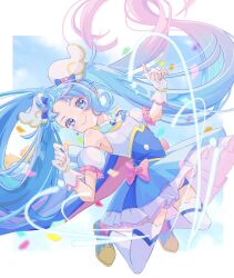Rule 34 | 1girl, blue eyes, blue hair, blue skirt, brooch, cape, cure sky, detached sleeves, earrings, fingerless gloves, gloves, gradient hair, highres, hirogaru sky! precure, jewelry, lilylily0601, long hair, magical girl, multicolored hair, pink hair, precure, puffy detached sleeves, puffy sleeves, single earring, single sidelock, skirt, smile, solo, sora harewataru, thighhighs, twintails, two-sided cape, two-sided fabric, very long hair, white gloves, white thighhighs, wing brooch, wing hair ornament