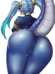 Rule 34 | 1girl, armband, ass, ass focus, blue hair, blue jacket, blue pantyhose, blue suit, cameltoe, dragon girl, dragon tail, formal, from behind, from below, highres, jacket, kemono friends, long hair, neukkom, pantyhose, seiryuu (kemono friends), skirt, solo, suit, tail, twintails