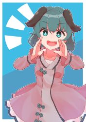 Rule 34 | 1girl, absurdres, animal ears, blue background, bright pupils, brown dress, dog ears, dress, fang, green eyes, green flower, green hair, highres, kasodani kyouko, looking at viewer, open mouth, outside border, short hair, shouting, smile, solo, touhou, white pupils, zanasta0810