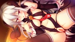 Rule 34 | 1girl, arm support, bare shoulders, black thighhighs, breasts, censored, chloe oudiaar, collarbone, demon girl, demon tail, detached sleeves, female focus, game cg, horns, midriff, navel, pointy ears, pussy, sitting, solo, tail, thighhighs, tou no shita no exercitus