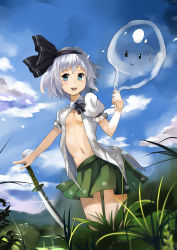 Rule 34 | 1girl, :3, absurdres, blue eyes, cloud, day, female focus, grass, hair ribbon, hairband, hand on hilt, highres, hitodama, katana, konpaku youmu, konpaku youmu (ghost), open clothes, open mouth, planted, planted sword, planted weapon, puffy sleeves, ribbon, short hair, silver hair, skirt, sky, smile, solo, sword, tomoko waves, touhou, weapon