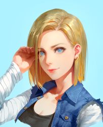 Rule 34 | 1girl, android 18, aqua background, arm at side, black shirt, blonde hair, blue eyes, breasts, cleavage, close-up, commentary request, denim, dragon ball, dragonball z, earrings, fingernails, hand in own hair, hoop earrings, jewelry, long sleeves, medium breasts, mixed-language commentary, shirt, short hair, shuichi wada, simple background, smile, solo, straight hair, upper body, waistcoat